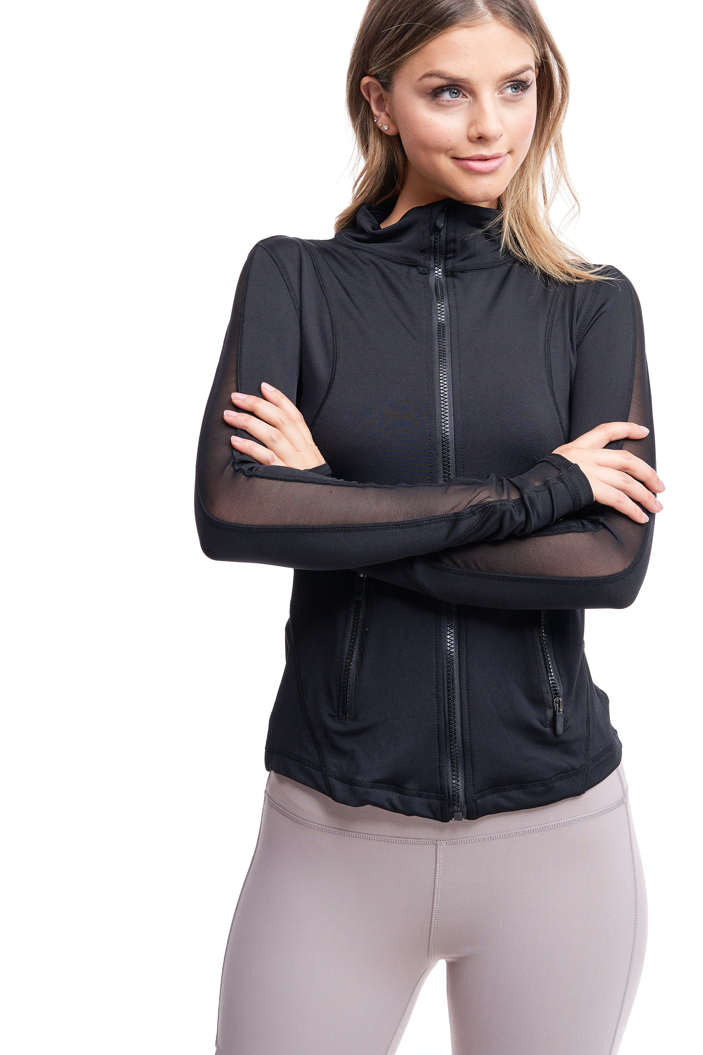 Girl wearing Shape Up Athletics "Gower" mesh jacket in black with thumb holes.