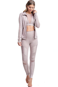 Girl wearing Shape Up Athletics "Gower" mesh jacket in nude with mesh on sleeves