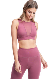 Girl wearing Shape Up Athletics "Lilla" v-neck mesh sports bra in mauve