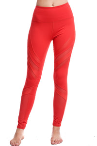 Girl wear Shape Up Athletics red leggings with mesh going from thigh to calf.