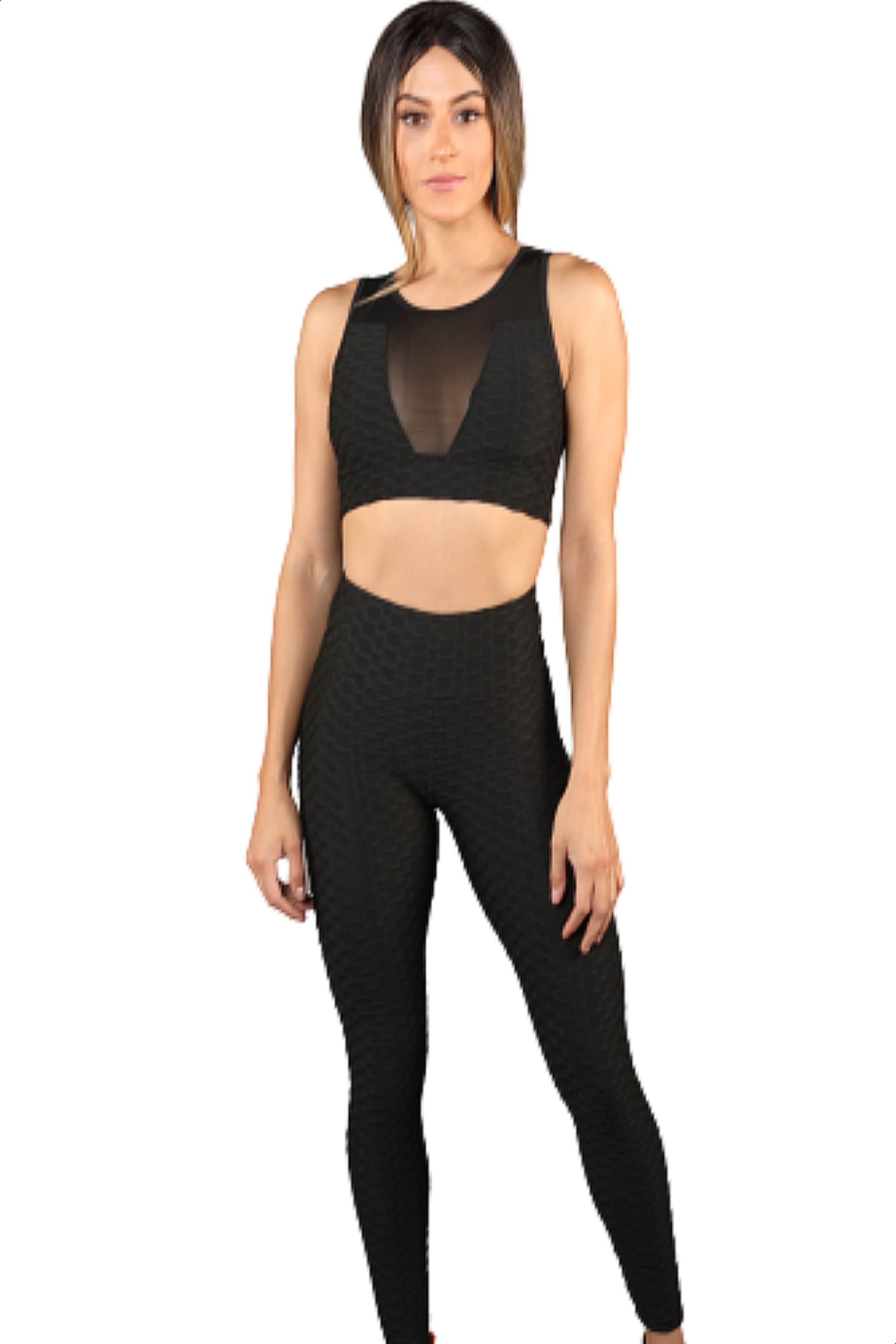 Popcorn Textured Ruched Two Piece Yoga Set | Black