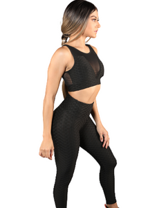 Popcorn Textured Ruched Two Piece Yoga Set | Black