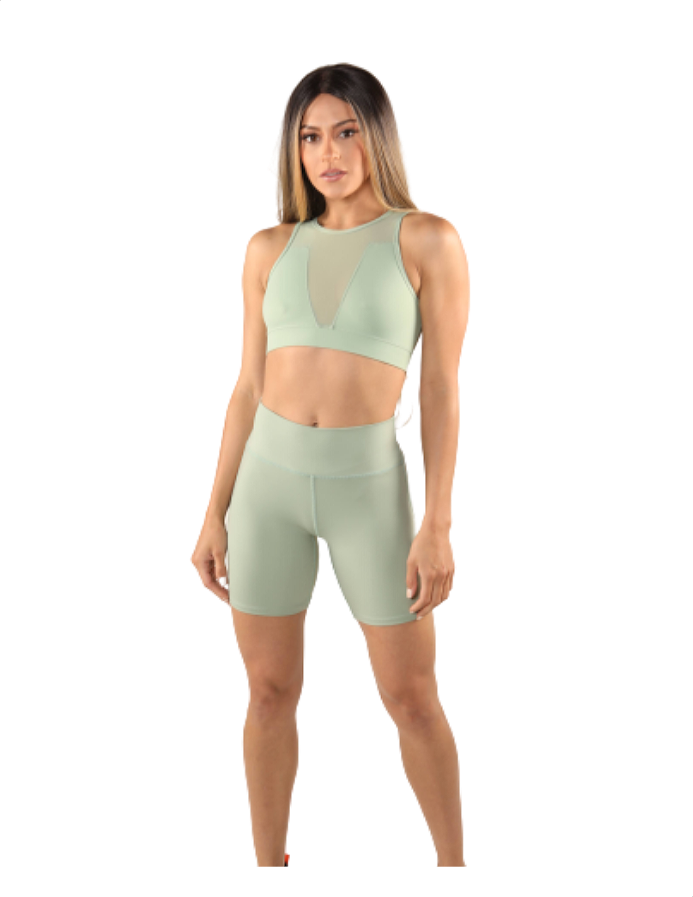 Girl wearing Shape Up Athletics LA Girl Biker Shorts in green