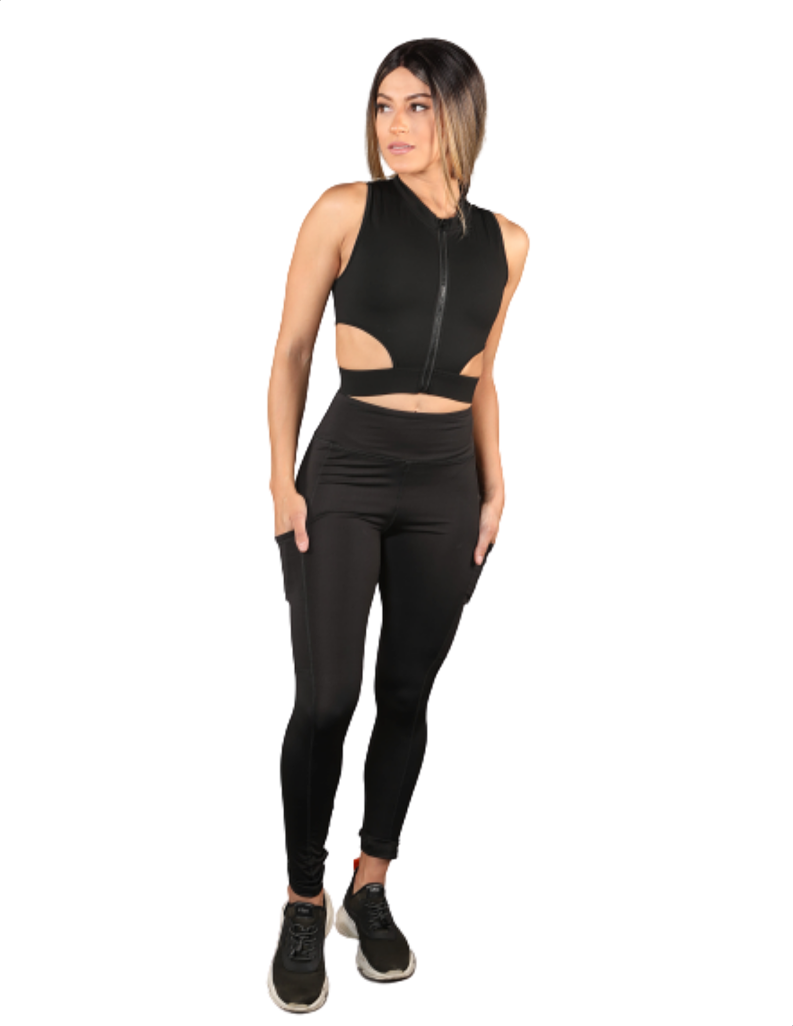 Girl wearing Shape Up Athletics "The Everyday Leggings" in black with side pockets for phone.